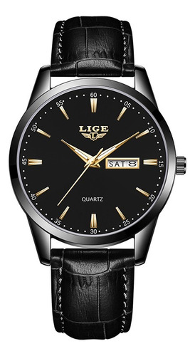 Reloj De Cuarzo Lige Lg8970 De Hombre Pulsera De Cuero Correa Negro Bisel Negro Fondo Negro