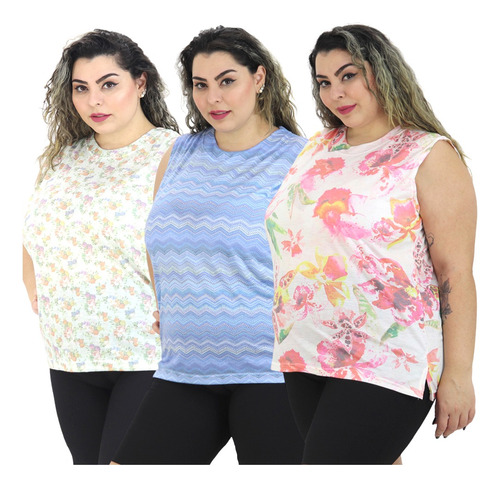 Kit 3 Blusas Femininas Regata Malha Senhora Verão Estampada