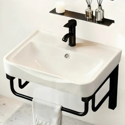 Lavabo De Baño De Cerámica De Alta Calidad Colgado De La Pared, With Great Taza De 51 Cm, Equipado Con Soporte De Acero Inoxidable Negro Mate, Espejo, Estantería Para Colocar Objetos, Grifo Y Desagüe | Envío gratis
