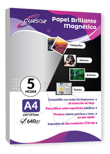 Papel Fotográfico Glossy Magnético Imántado 5hojas A4 Cursor