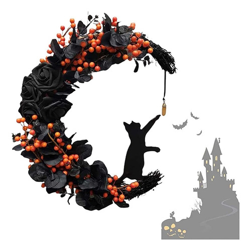 Corona De Gato Con Luna De Halloween Para Decoración De Casa