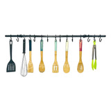 Barral 90 Cm Negro Para Accesorios De Cocina Y 15 Ganchos