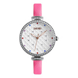 Reloj Mujer Skmei 9142 Cuero Ecologico Minimalista Elegante Color De La Malla Rosado Color Del Bisel Plateado Color Del Fondo Blanco