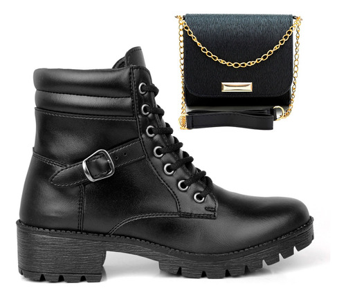 Kit Bota Feminina Coturno Com Ziper Salto Baixo + Bolsa Alça