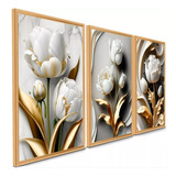 Kit 3 Quadros Flores Flor Tulipas Branca Dourada Ouro Amor