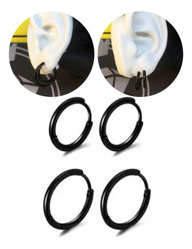 Kit Brinco Argola Preto Masculino Feminino 10mm E 14mm Aço