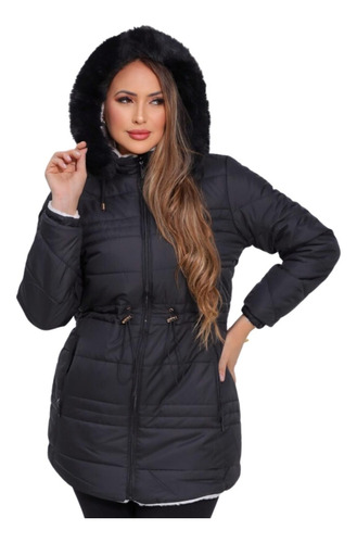 Jaqueta Teddy Dupla Face Peluciada Feminina Parka Com Capuz