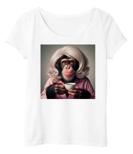 Remera Mujer Mono Peluca Rubia Tomando Coffee