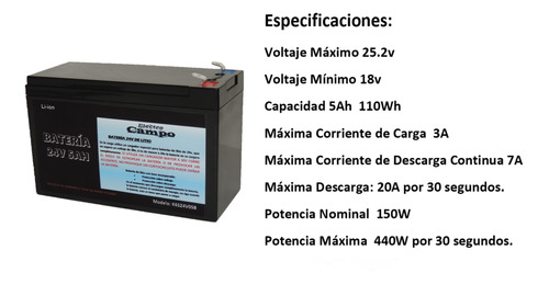 Batería Recargable 24v 5ah 20a Litio + Cargador 24v 2a 