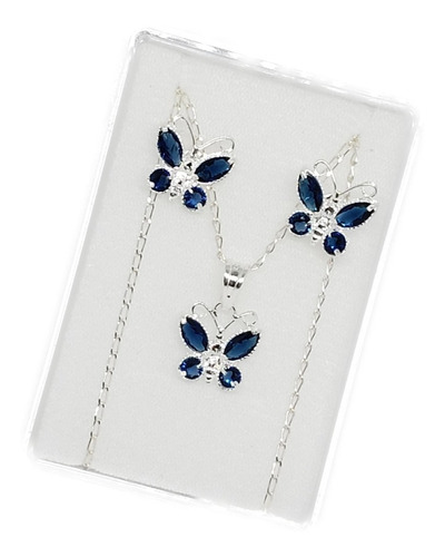 Collar De Mariposa Azul 4 Zirconias De Plata+aretes Mr30