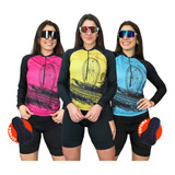 Conjunto De Ciclismo Feminino Camisa Manga Longa E Bermuda