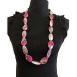 Collar Largo De Gemas Plateado Y Fuxia Bijou