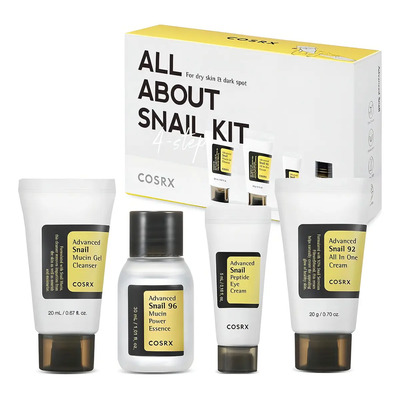 COSRX All Snail Skincare Kit 4 Pasos de Viaje | Limpia, Hidrata y Repara la Piel con Baba de Caracol | Incluye Limpiador, Esencia Snail 96, Crema Snail 92 y Contorno de Ojos Regenerador Coreano | Envío gratis