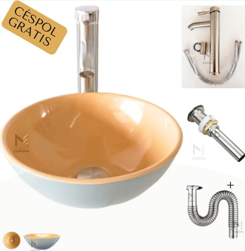 Lavabo Bowl Ovalin Baño 32cm Gris Naranja C Cespol Y Grifo