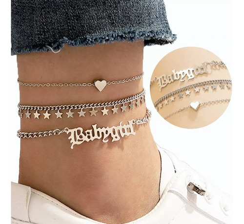 3pcs Pulsera Para Tobillo Mujer De Corazones Letras Estrella