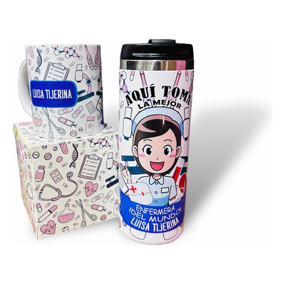 Termo + Taza Enfermera, Salud, Personalizado Color Blanco Liso | Envío gratis