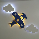 Luminárias Led, Kit 2 Nuvens E 1 Avião Com Em Mdf - Infantil