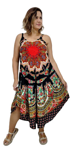 Vestido Trapézio Indiano Alça Estampado Floral Mandala 8603