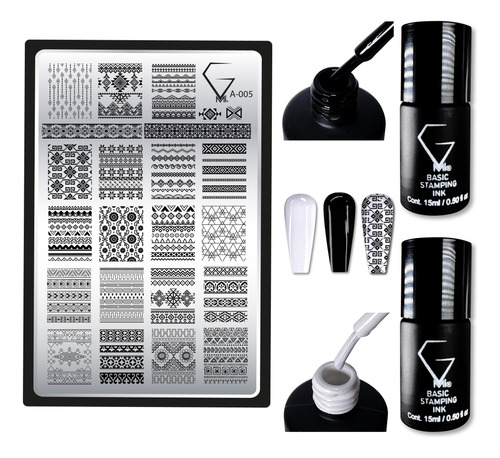 Basic Stamping Inks 15ml Color Blanco Y Negro + Placa A-005