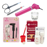 Kit Henna Makiaj Sobrancelha Profissional Mixer Pinça Dappen Cor Castanho Médio