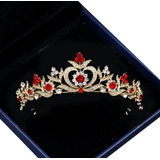 Coroa Dourada Tiara Cabelo Noiva Zircônia Pedraria Vermelha