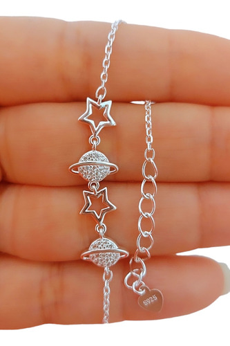  Pulsera Plata 925 Italiana Estrella Planeta Saturno Cristal