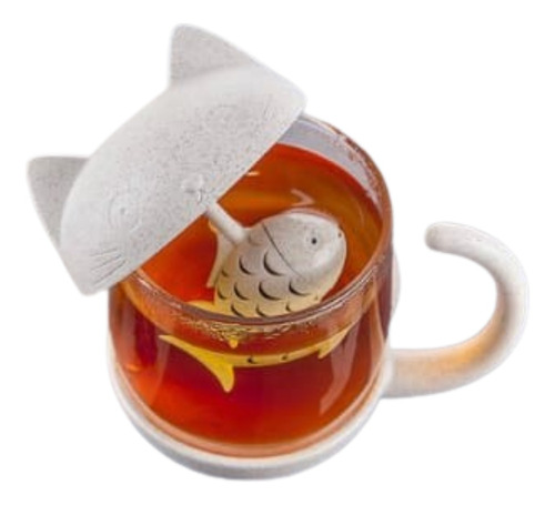 Taza De Vidrio Con Infusor Modelo Cat & Fish Gato Y Pez