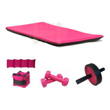 Set Kit Rosa Con Rueda Ab Colchoneta Tobilleras Y Pesas 1 Kg