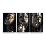 Quadro Decorativo Abstrato Mulheres Negras Dourado 3pç
