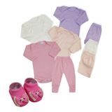 Conjunto Body Bebê Longo Mijão/calça Lisa+ Sapatinho Kit 7pç