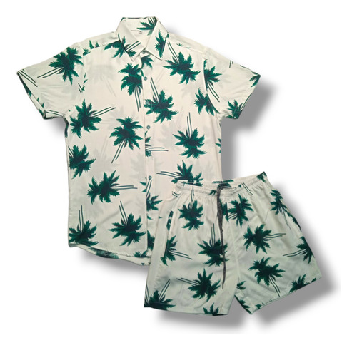Conjunto Camisa Short Havaiano Estampa Floral Adulto Viscose