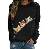 Camiseta De Mujer Con Cuello Redondo Y Estampado De Gato Man