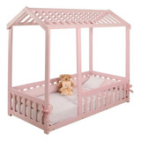 Cama Infantil Montessoriano Com Grade Bruna Rosa + Colchão