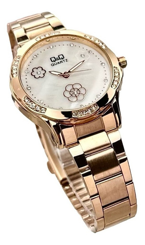 Reloj Para Mujer Qyq Original Oro Rosa Con Flores Sumergible