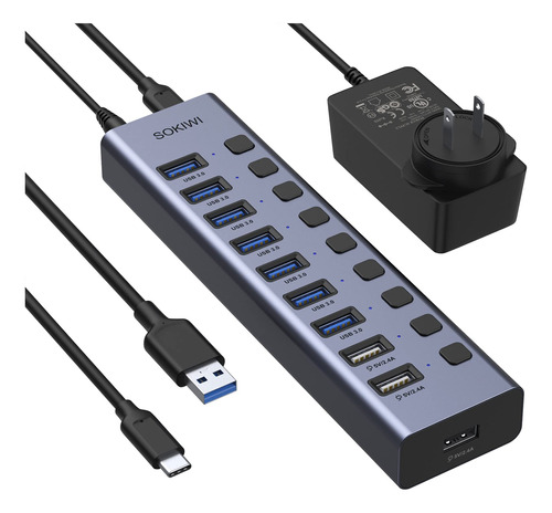 Hub Usb 3.0 Alimentado, Sokiwi 10 Puertos Splitter Usb Hub (