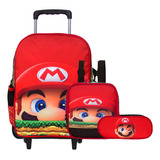 Kit Mochila Infantil Meninos De Rodinha Super Mario Grande