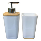 Kit De Baño Dispenser De Jabón + Vaso Plástico Y Bambú
