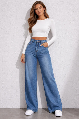Jeans De Tiro Alto Para Mujer Con Pernera Ancha Y Corterecto | MercadoLibre