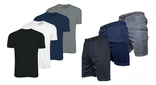 Kit 3 Shorts Masculino Academia + 3 Camiseta Malha Fria Slim