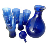 Jarra De Vidrio Azul + Vasos Azules X 6 Unidades 