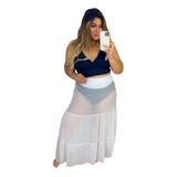 Saia Longa Plus Tule Saída Praia Elegante Verão Transparente