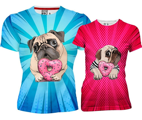 Playera Full Print San Valentín Pareja Pugs Donas Enamorados