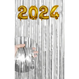 Kit Ano Novo Balão 2024 Dourado 2 Cortinas Metalizadas Prata