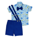 Conjunto Roupa Festa Infantil  Camisa Manga Curta Menino Fundo Do Mar Bermuda Social Suspensorio E Gravata Blue Kids Col