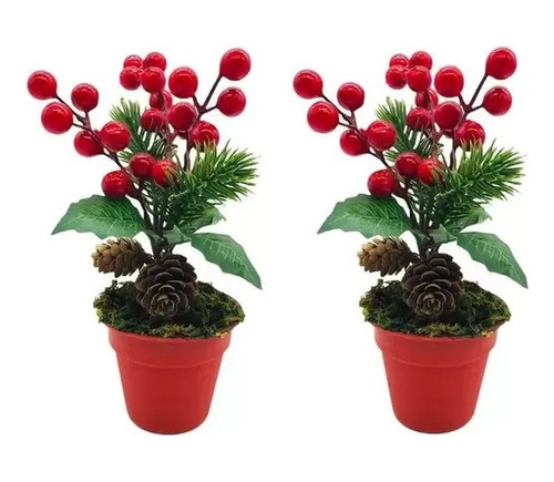 Jogo 2 Vasos De Flor Vermelha Enfeite De Natal Pinha Cereja