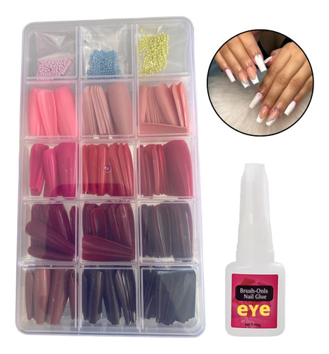 Kit Unhas Postiças Colorida Tips Decorado + Cola De Unha