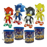 Sonic Azul Amarelo Preto Vermelho Kit 4 Bonecos + Canecas