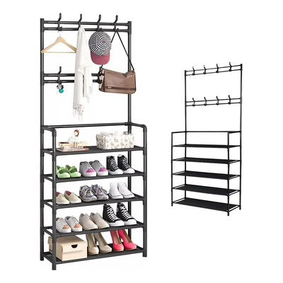 Zapatero Perchero Rack Organizador Ropa Closet Mueble Hogar Metalico 8 Ganchos 5 Niveles Negro Zemokly