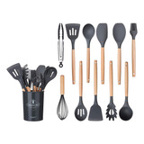 Set Kit X12 Utensilios De Cocina Mango Madera Punta Silicona