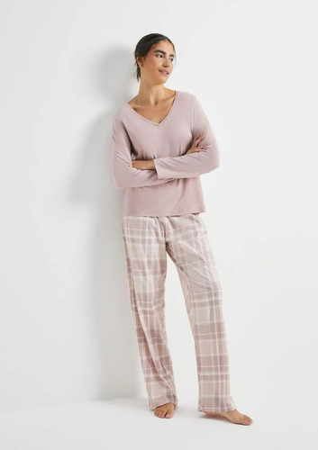 Pijama Longo Feminino Decote V - Rosa